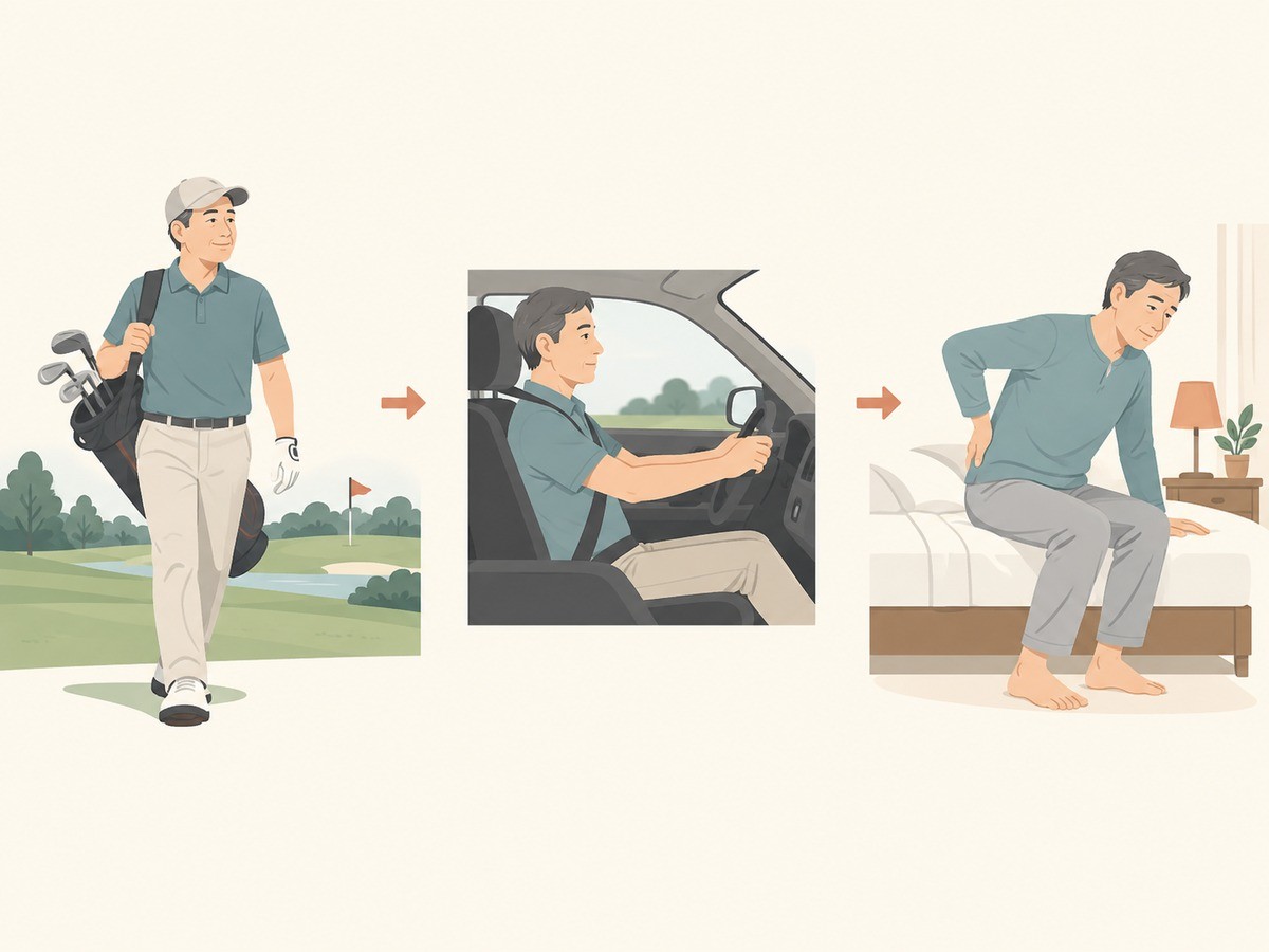ラウンド、帰路の運転、翌朝まで負担が続く流れのイメージ