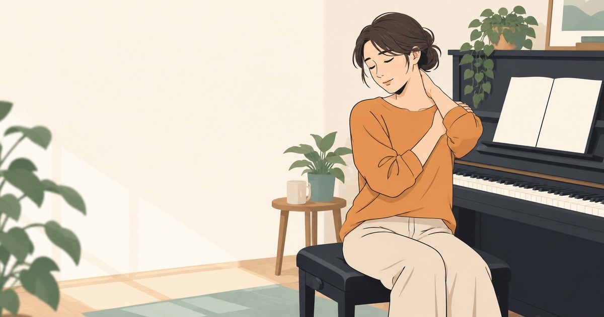 ピアノ練習後に首と肩を押さえる人物